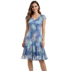 KOMAROV Blue Floral Plisse Midi Dress Sz M Cap Sleeve Sheer Panel Mermaid Fairy